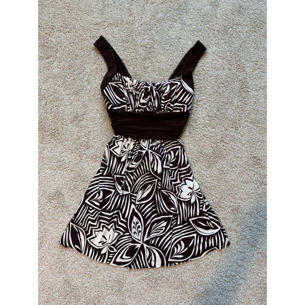 B. Darlin Chocolate Brown Tropical Print Empire Waist Mini Dress Y2K Vacation